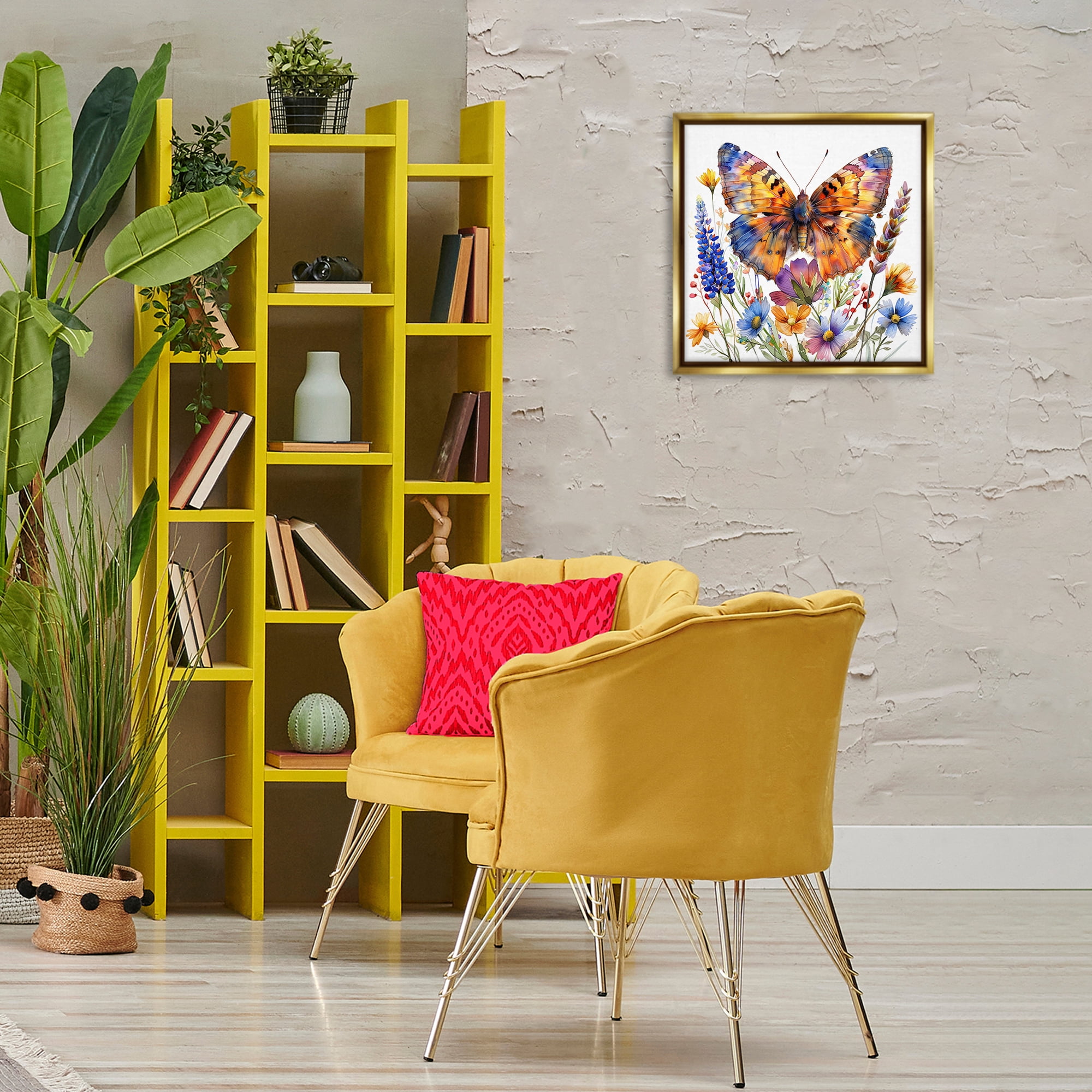 Stupell Industries Orange & Blue Butterfly Insects Painting Gold Floater Framed Canvas Art Print Wall Art, 18 x 18