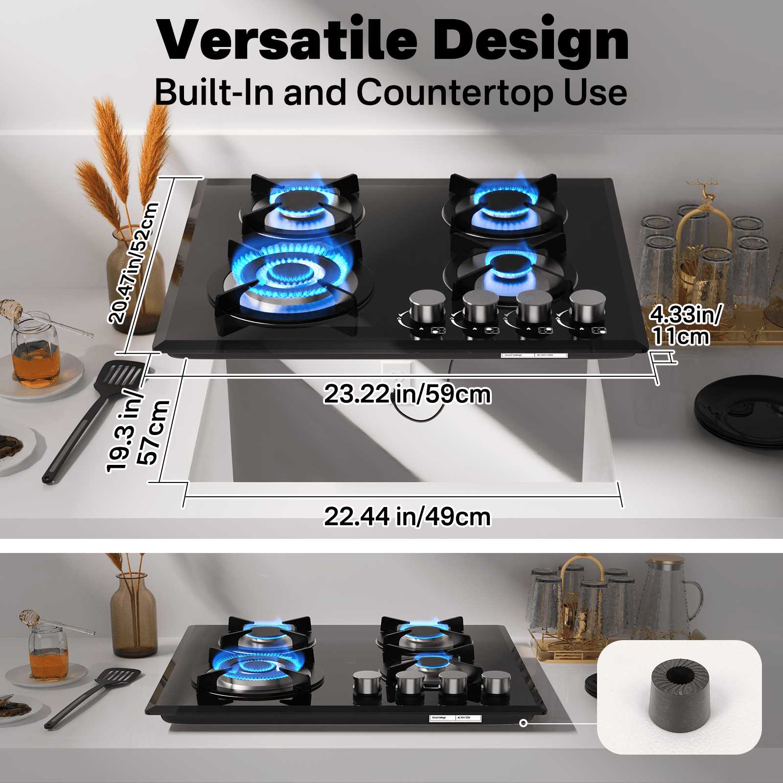 TYEMUI 4 Burners 24 inch Gas Stove Top, Built-in Glass Gas Cooktop Propane Neutral Gas Convertible Stovetop, NG/LPG Dual Fuel Stovetop for Home, RVs