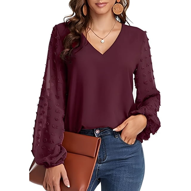 Blusas de mujer túnicas blusa de gasa cuello en V mangas abullonadas jersey