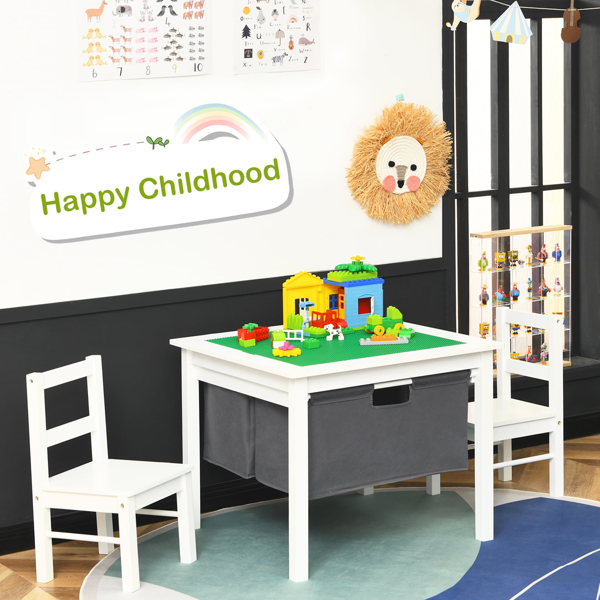 Gymax 2-in-1 Kids Activity Table & 2 Chairs Set w/Storage Building Block Table White