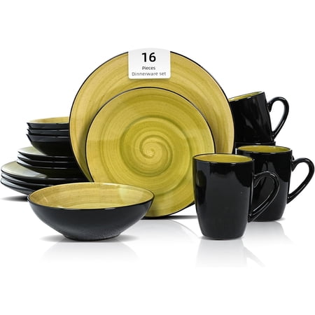ZMSHOP 16pc Stoneware Dinnerware Set, Black & Speckled Spin Wash Green, Service for 4