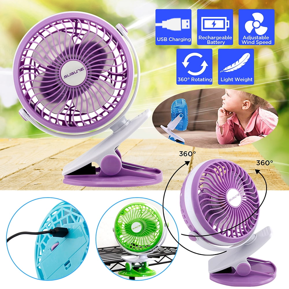 HKJCC USB Portable Desk Fan 90°Auto Rotation Cooling Fan with Clip USB Rechargeable Battery Powered Fan for Baby Stroller Home Office Outdoor Travel 