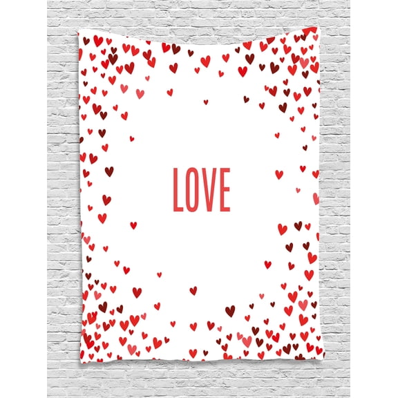 Love Tapestry, Romance Themed Illustration Hearts Background Abstract Amour Ornamental Design, Wall Hanging for Bedroom Living Room Dorm Decor, 60W X 80L Inches, Burgundy Red White, by Ambesonne