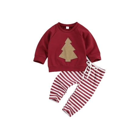 

Canrulo Newborn Infant Baby Boy Girl Outfits Christmas Tree Long Sleeve Sweatshirts Tops Striped Pants 2PCS Clothes