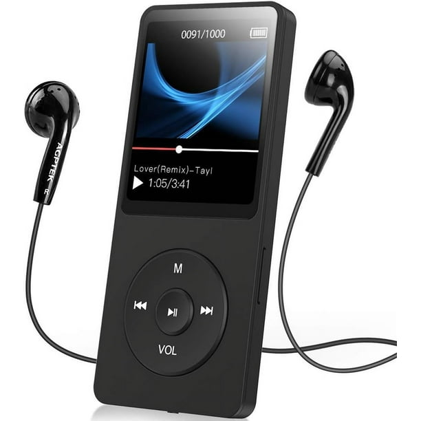 A02S Reproductor MP3 16GB con Radio FM, Grabadora de Voz, 70 Horas de Reproducción y Ampliable hasta 128GB, Negro