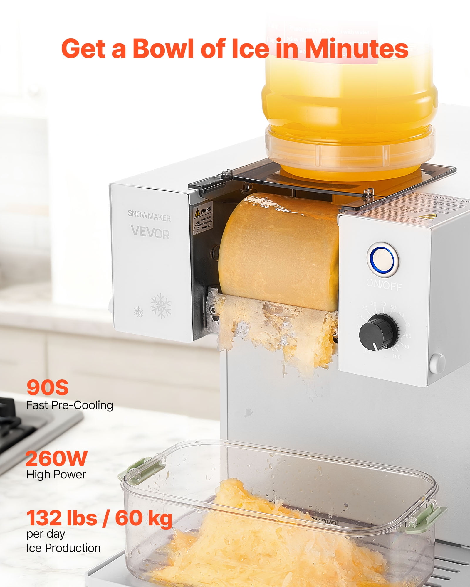 VEVOR Snowflake Ice Machine, 132LBS/24H Snowflake Ice Maker, Ice-Shaver Machine with Stainless Steel Blade, Electric Snow Cone Maker with 0.48Gal Tank, 90S Fast Pre-Cooling,for Home & Small Gathering