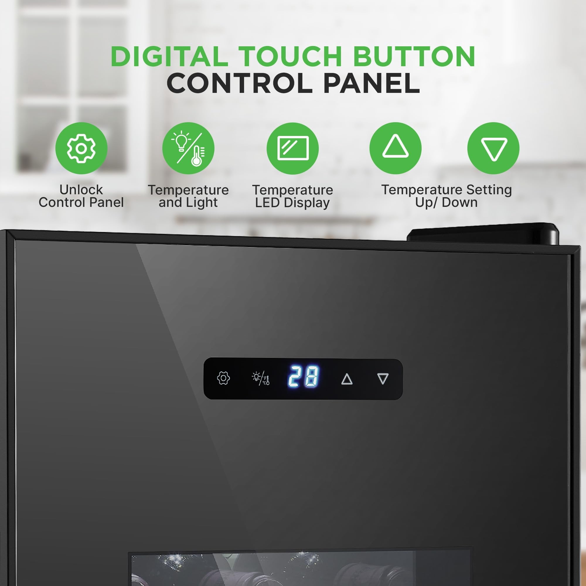 Wine Refrigerator Cellar, 12 Bottle Storage and 30 Liters Internal Capacity, Single Zone Chiller with Digital Touch Button Control, Placement for Standing Bottles and Air Tight Seal
