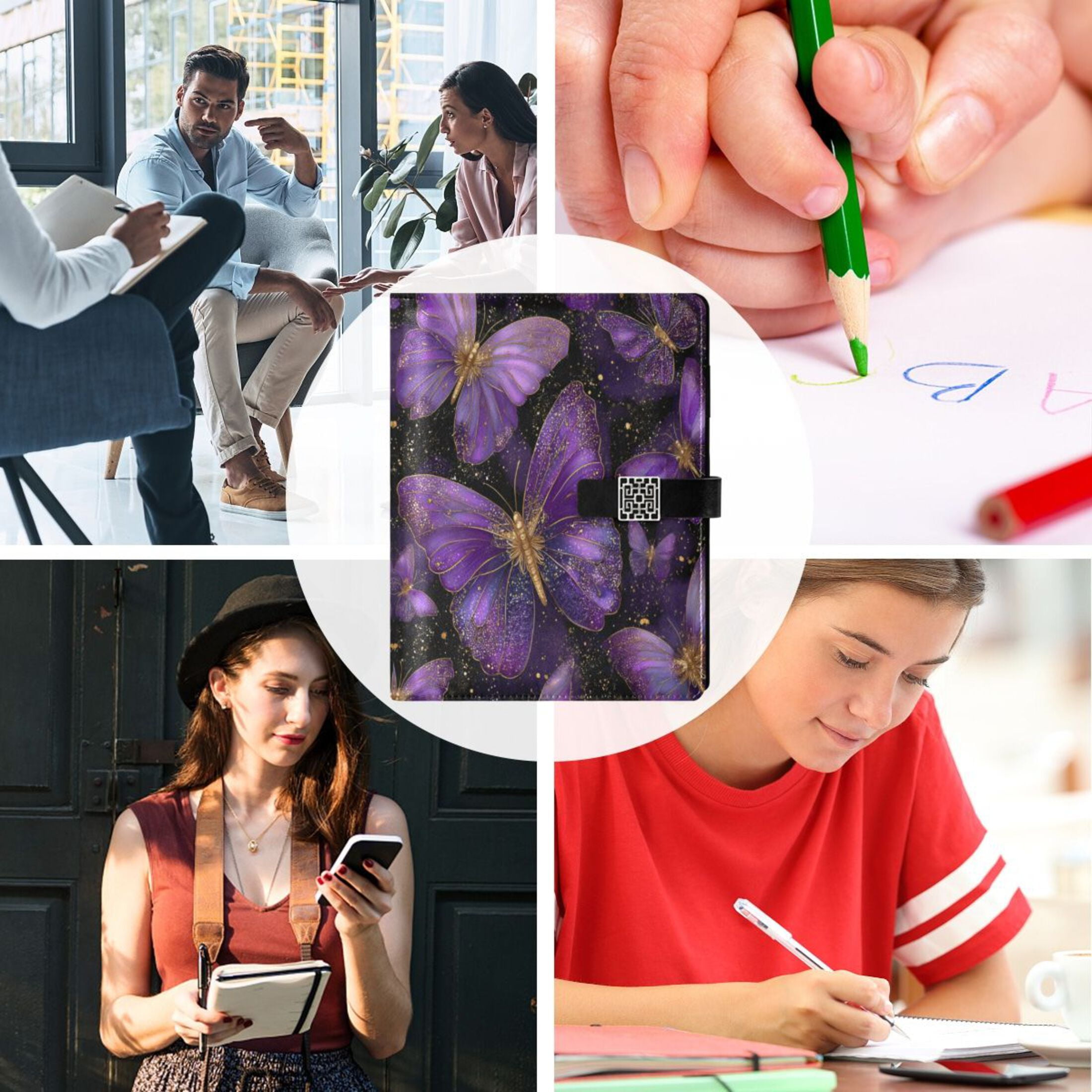 Leather Planner Leather Notebook Notebook Journal Binder Design Pen Pocket Design Convenient for Storage Purple Butterflies
