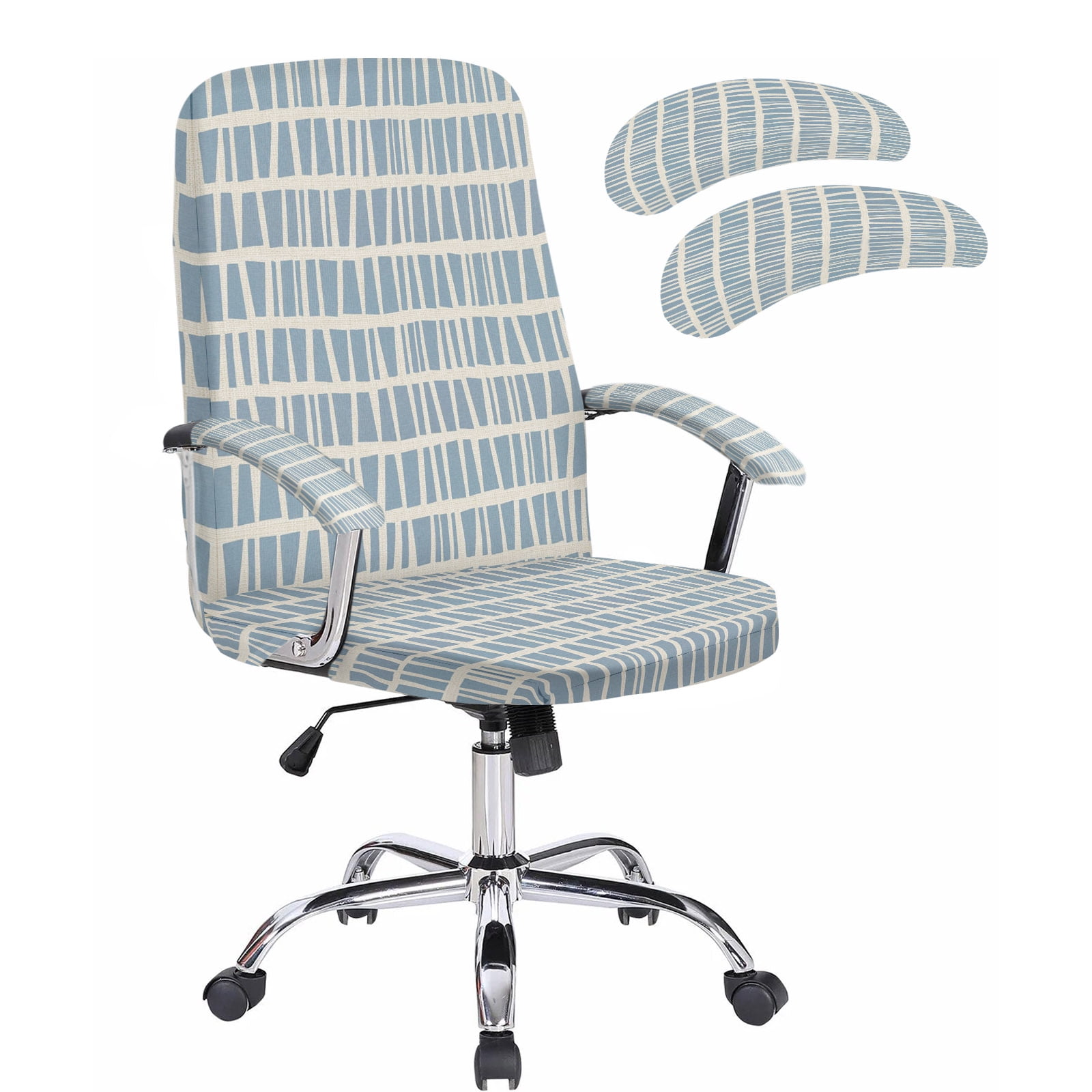 Office Chair Cover with Armrest Covers & Zipper Blue Linear Grid Computer Chair Covers Stretchable Removable Modern Block Lines Universal Rotating Desk Chair Slipcovers Seat Protectors Large