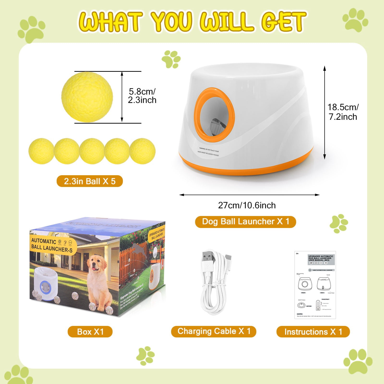 TOPCHANCES Automatic Tennis Ball Launcher for Dogs, Interactive Dog Toys for Samall & Medium Dogs, Dog Ball Thrower with 3 Launching Distance (19/32/45 ft), 5 Balls Included (Orange)