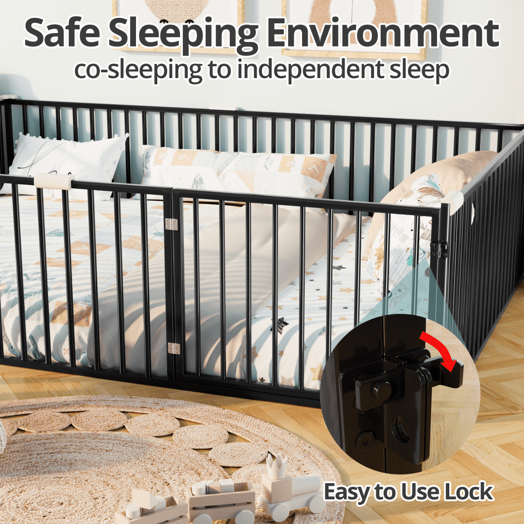Full Size Metal Floor Bed Frame with Fence and Door, Montessori Bedframe, No Box Spring Needed, Easy to Install, Black