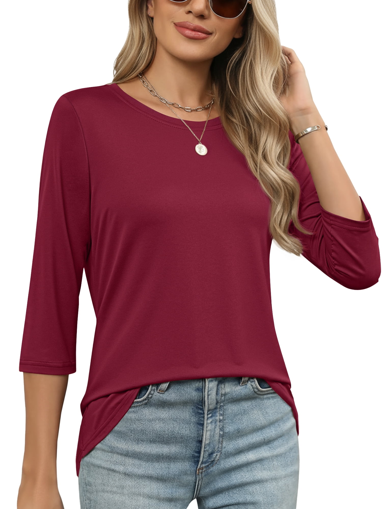 MOSHU 3 Pack 3/4 T Shirts for Womens Crew Neck Womens Plus Size Shirts Dressy Basics Tees Casual Loose Fit Fall Tops