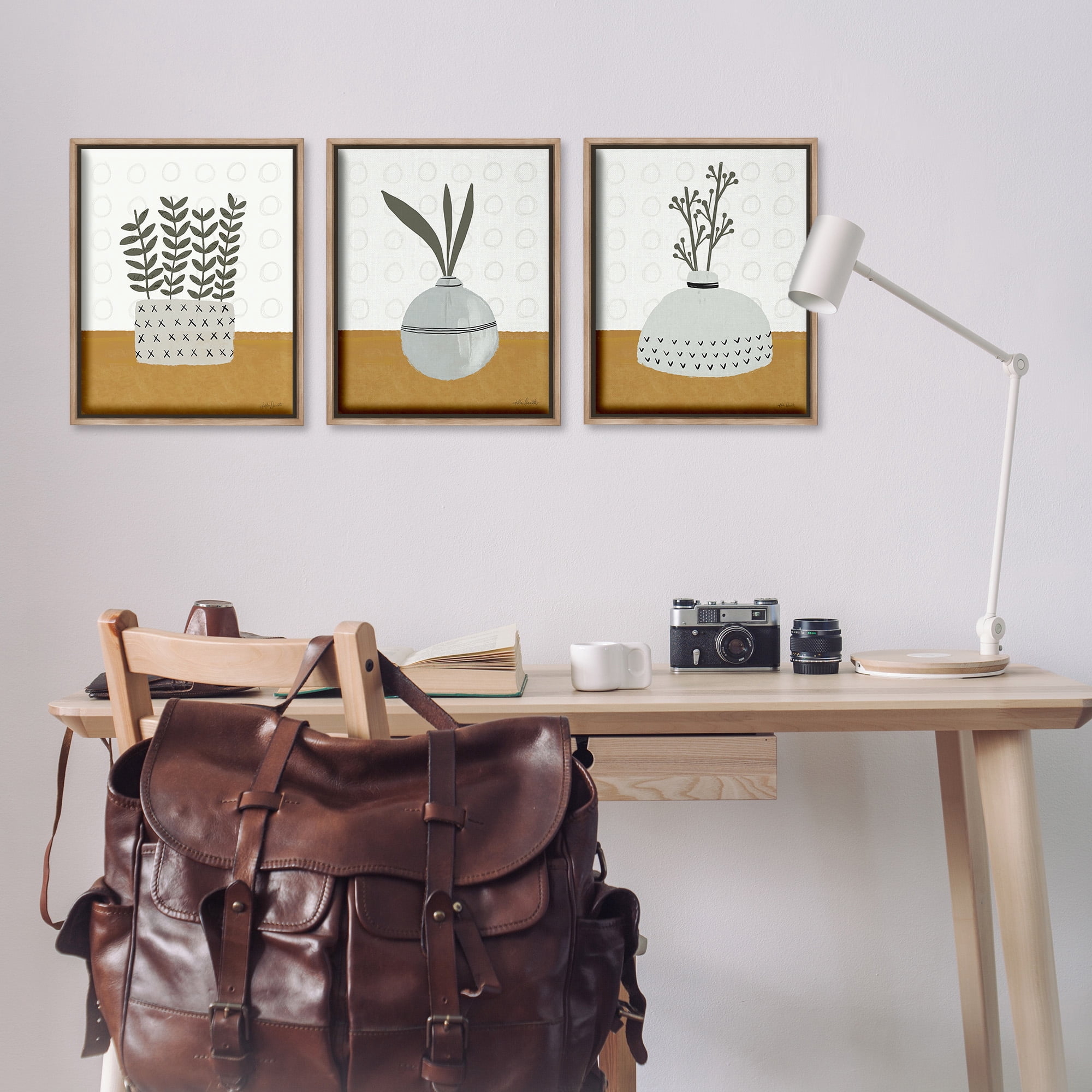 Stupell Industries Contemporary Plant Vases Botanical & Floral Painting Brown Floater Framed Canvas Art Print Wall Art, 17 x 21, Set of 3