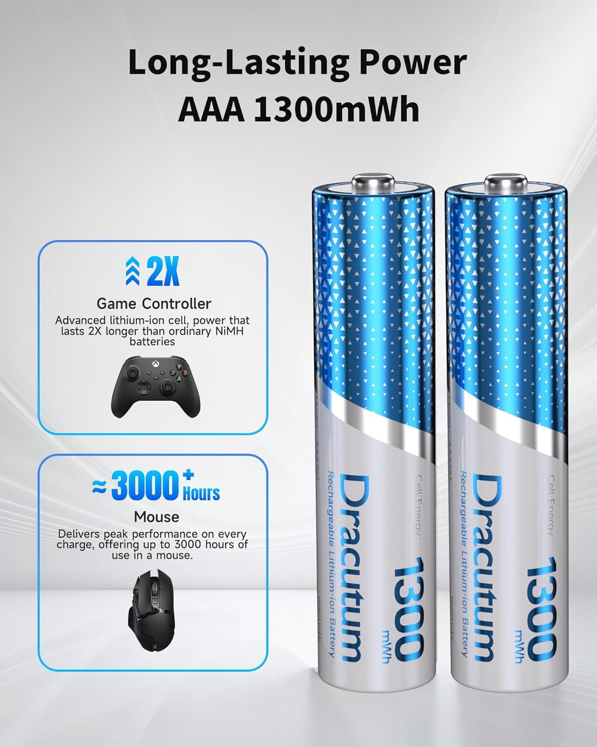 Rechargeable AAA Batteries 8 Pack, 1300mWh High Capacity 1.5V Lithium Batteries, 2000+ Cycles Long-Lasting Triple