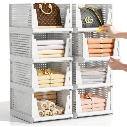 5 Pack Stackable Plastic Storage Basket for Closet, Bottom Top of Closet Organizers and Storage, Stackable Baskets for Organizing, Closet Shelves