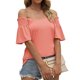 thumbnail image 4 of Camisa de manga corta para mujer, cuello en V plisado, manga con volantes, camisa con hombros descubiertos para mujer, Top para fiesta diaria de verano, rosa S, 4 of 6