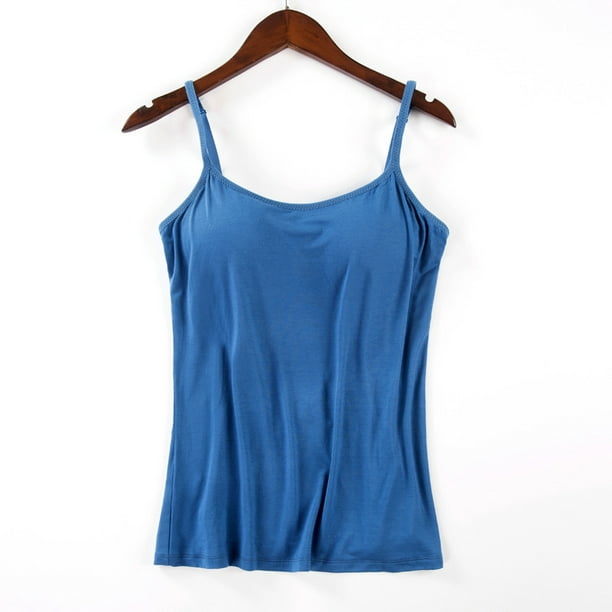 Women Padded Soft Casual Bra Tank Top Women Spaghetti Cami Top Vest Female  Camisole With Built In Bra(blue M)