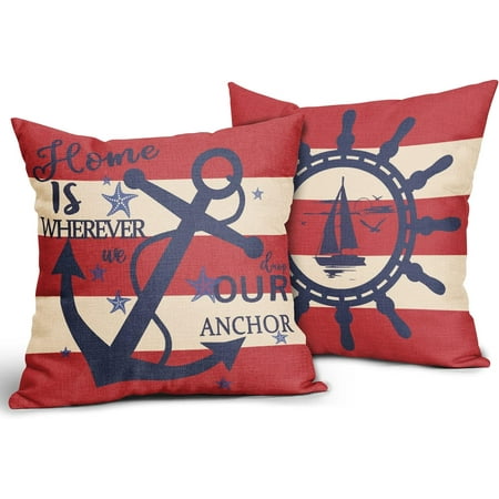 

Nautical Anchor Pillow Covers 16x16 inch Navy Blue Red Summer Coastal Sailing Boat Striped Throw Pillows Farmhouse Outdoor Decor for Home Sofa Couch Bed Square Linen Cushion Case Set of 2