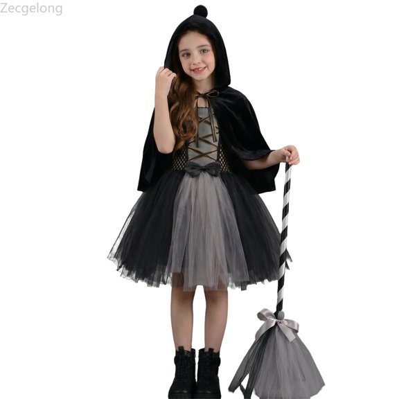 Zecgelong Kids Pumpkin Witch Tutu Dress Toddler Party Role Play Outfit Gray 6-7 Years
