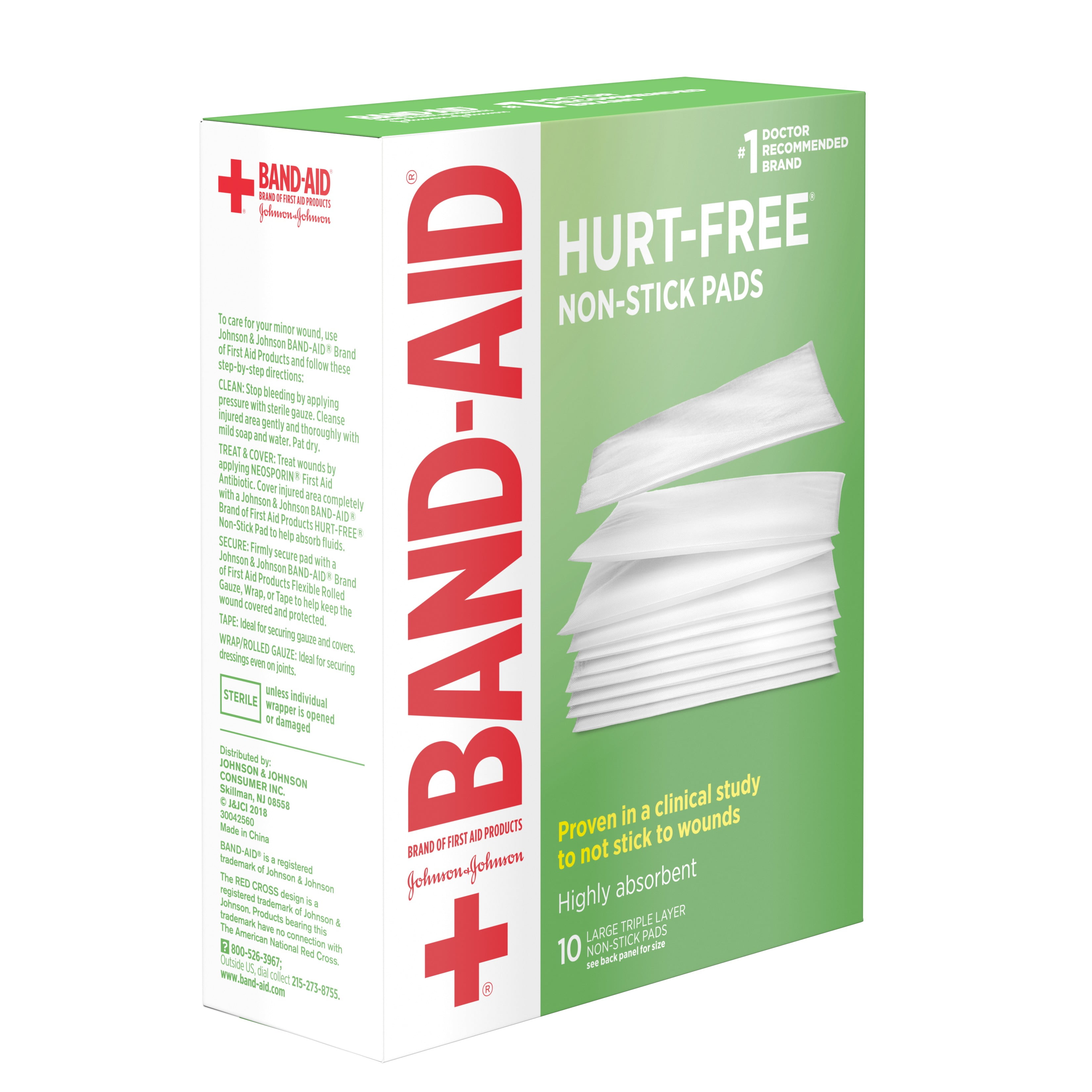 Band-Aid Brand Hurt-Free Non-Stick Pads, Large, 3 in x 4 in, 10 ct (Pack of 4)