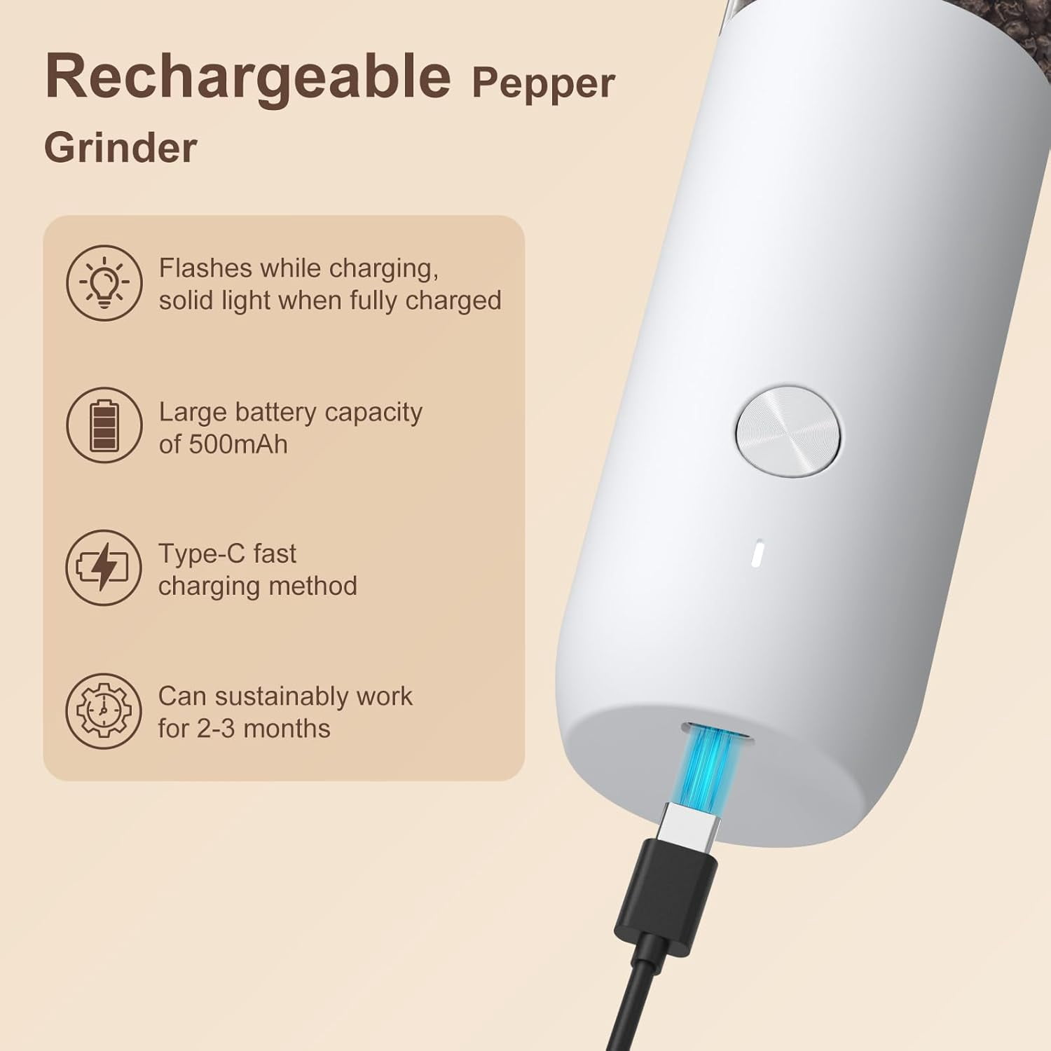 Ultrean Pepper Grinder, Rechargeable Salt and Pepper Grinder with 6 Adjustable Coarseness, LED Light, One-Hand Automatic Operation, Black&White
