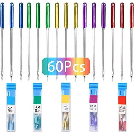 Dsseng 60 Pieces Sewing Machine Needles Universal Regular Point Machine Needles Home Sewing Machine with Size in HAX1 65/9, 75/11, 90/14, 100/16, 110/18 (5 Colors)