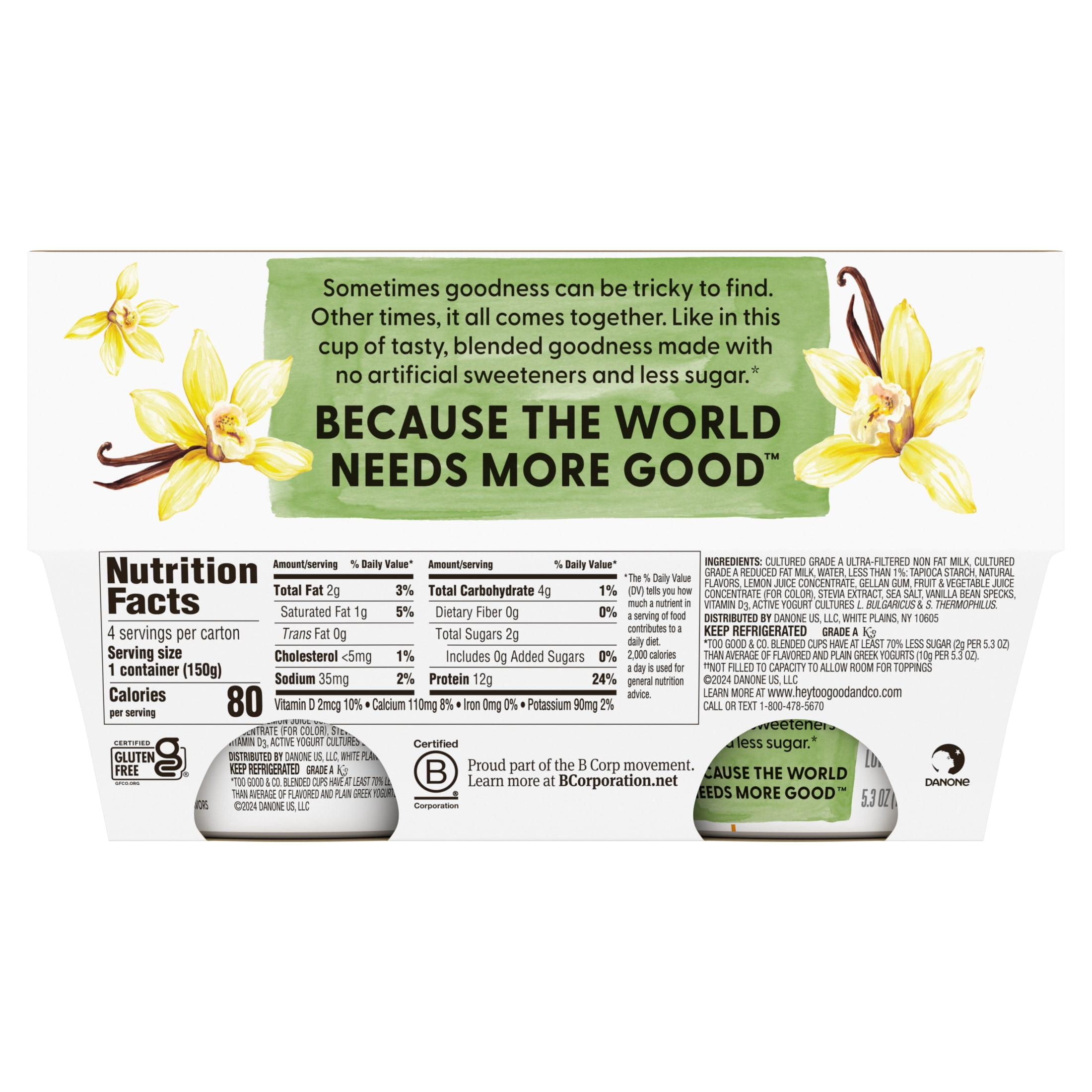 Too Good & Co. Lower Sugar Vanilla Flavored Low Fat Greek Yogurt Cultured Product, 5.3 oz, 4 Count