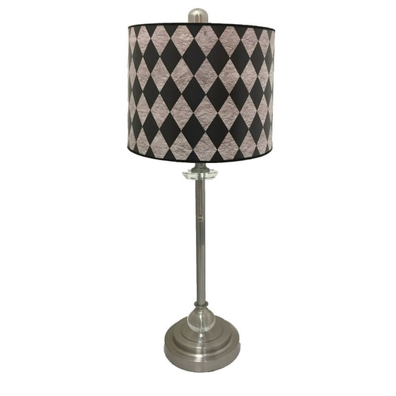 Royal Designs 28" Crystal and Brushed Nickel Buffet Lamp with Vertical Black Diamond on Grey Papyrus Design Hard Back Lamp Shade