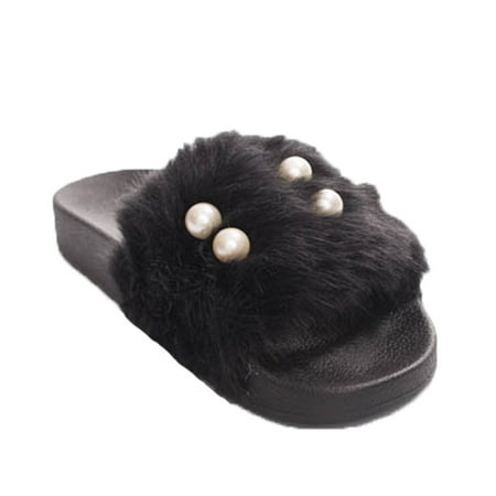 Mother Of Pearl Slippers - Soho Shoes Women's Open Toe Embellished Pearl Faux Fur Slide Slippers
