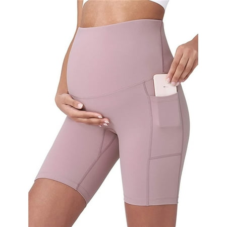 

Spencer Women s Maternity Bike Shorts Yoga Leggings Over The Belly Bump Pregnancy Workout Running Active Athletic Shorts with Pockets (XL Pink)