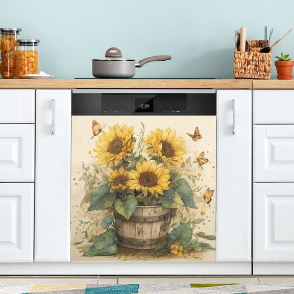 Dishwasher Magnetic Refrigerator Magnet Cover Sticker Home Decorative 23"x26" Sunflowers in An Old Bucket
