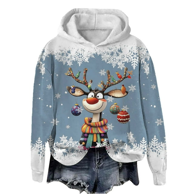 WILLBEST Sudadera con Capucha Oversize para Mujer, Estilo Casual, con Estampado Navideño de Ciervos con Cabeza Grande y Copos de Nieve, Cuello Redondo, Manga Larga y Diseño Ligero XXX-Grande