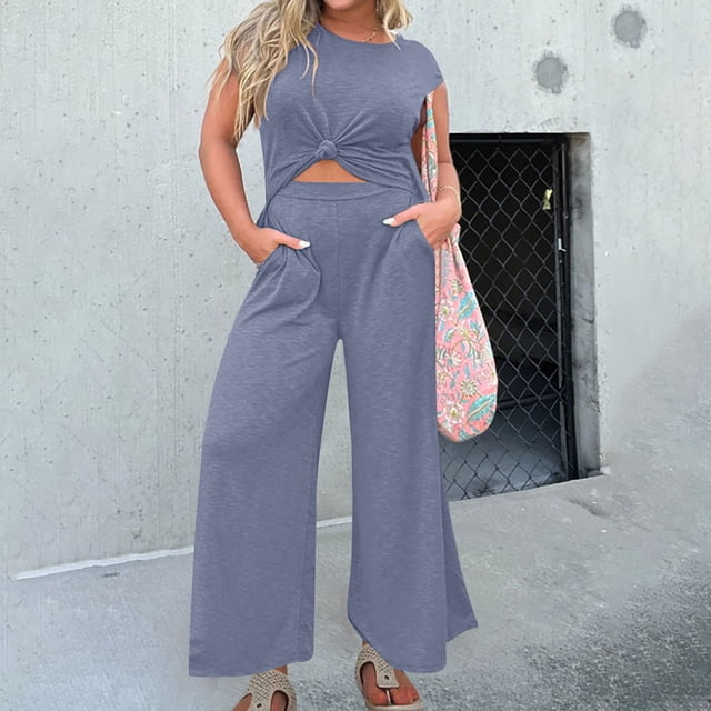 BEFOKA Pantalons Grande Taille pour Femmes, Pantalons d'Été en Solde pour Femmes, Combinaison Décontractée Sans Manches à Col Rond Taille Élastique pour Femmes