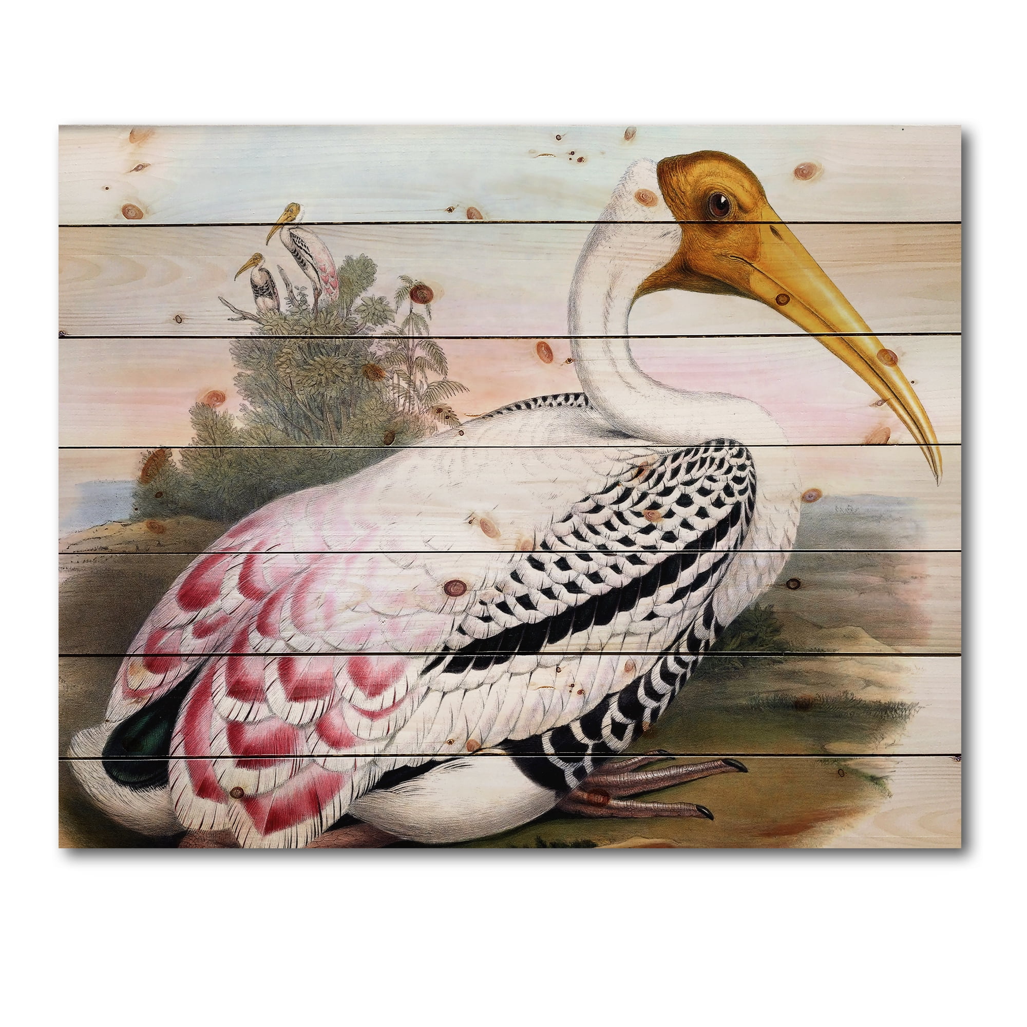 Designart 'Vintage Countryside White Birds' Farmhouse Print on Natural Pine Wood