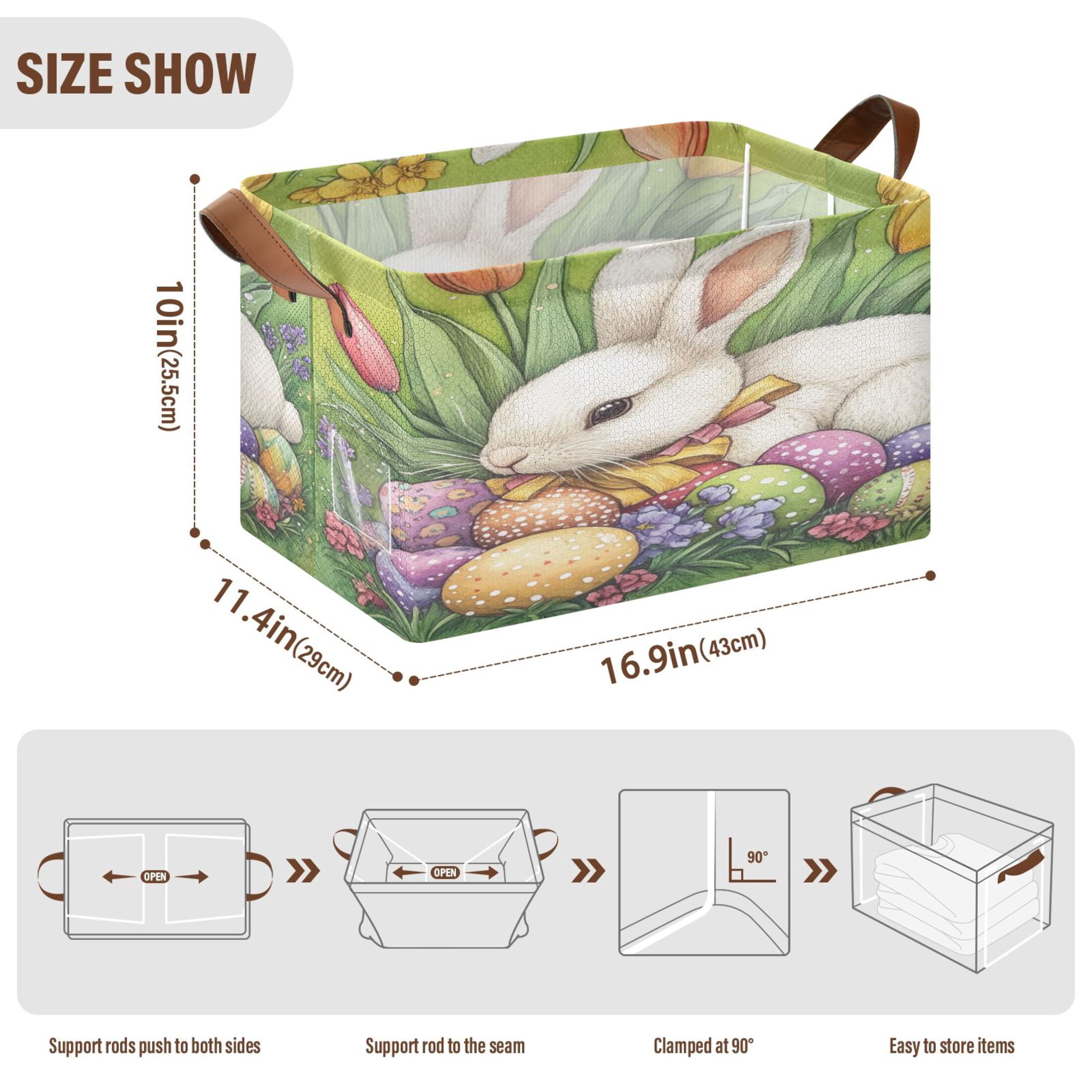 WOBOGO Easter White Bunny Storage Basket 16.9×11.4×10in Collapsible Oversized with Metal Iron Frame Set of 1