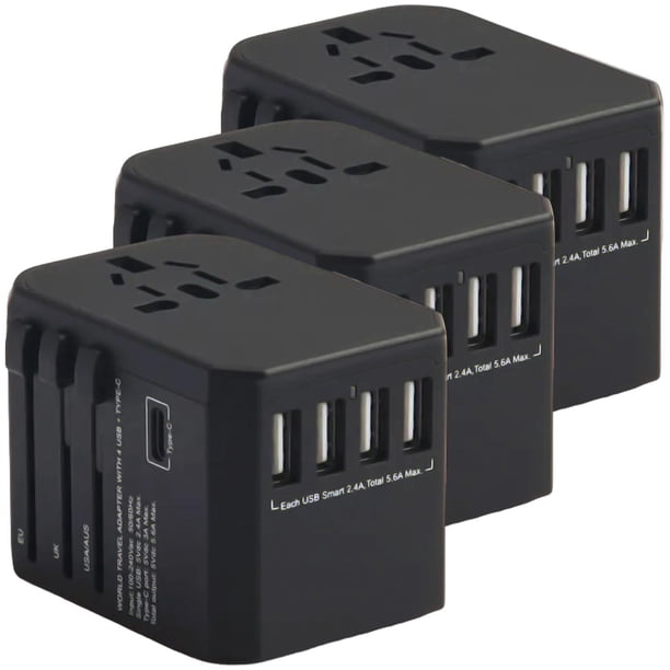 Adaptador de Viaje Universal TravelXpertBlack 3Pzas 100-240V 50-60Hz 5V 5.6A EU/UK/USA/ AUS Negro.