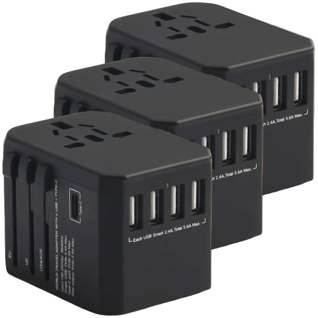 Adaptador de Viaje Universal TravelXpertBlack 3Pzas 100-240V 50-60Hz 5V 5.6A EU/UK/USA/ AUS Negro.