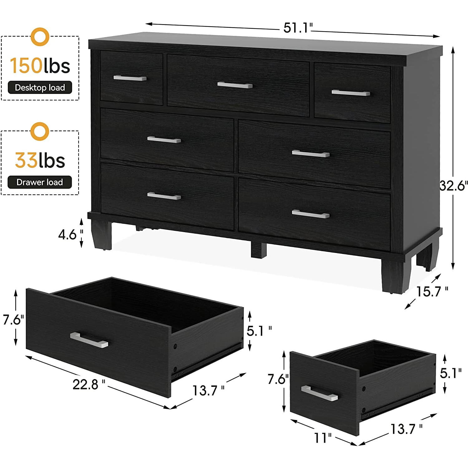 HOSSLLY Black Dresser for Bedroom, Modern 7 Drawer Dresser with Silver  Handles, Wood Chest of Drawers for Kids Bedroom, Living Room