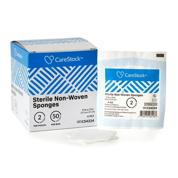 CareStock Gauze Sponge - Highly Absorbent, Medical-Grade Cotton Wound Dressing, First-Aid Essential - Sterile 4-Ply Square, 2 x 2 in., 2 per Pack, 1500 Packs, 3000 Total