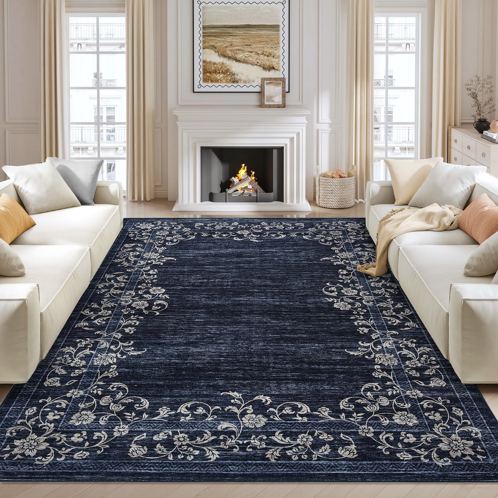 Garvee 8'x10' Area Rugs, Oriental Rug Floral Print Rugs Soft Washable Rugs for Living Room Bedroom Home Decor, Non-Slip Durable Carpet, Blue