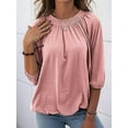 thumbnail image 4 of Women'S Solid Crew Neck T Shirt Blouse Cotton Half Sleeve 3/4 Sleeve Casual Loose Pleated Basic Tops Pink M, 4 of 6