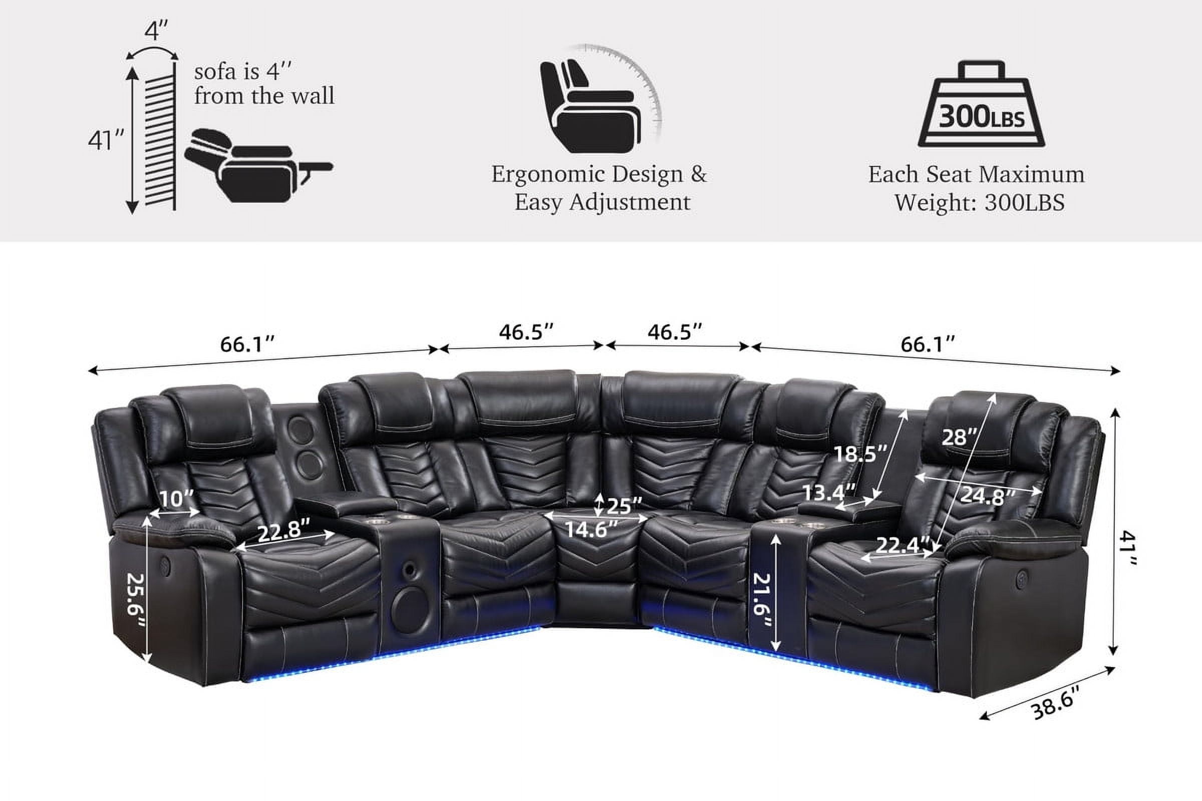 Power Reclining Sectional Sofa with Bluetooth Speakers,USB Ports,LED Lights,Cup Holders,Storage Console,Faux Leather Electric Corner L-Shaped Recliner Couch,5 Seater for Living Room Black