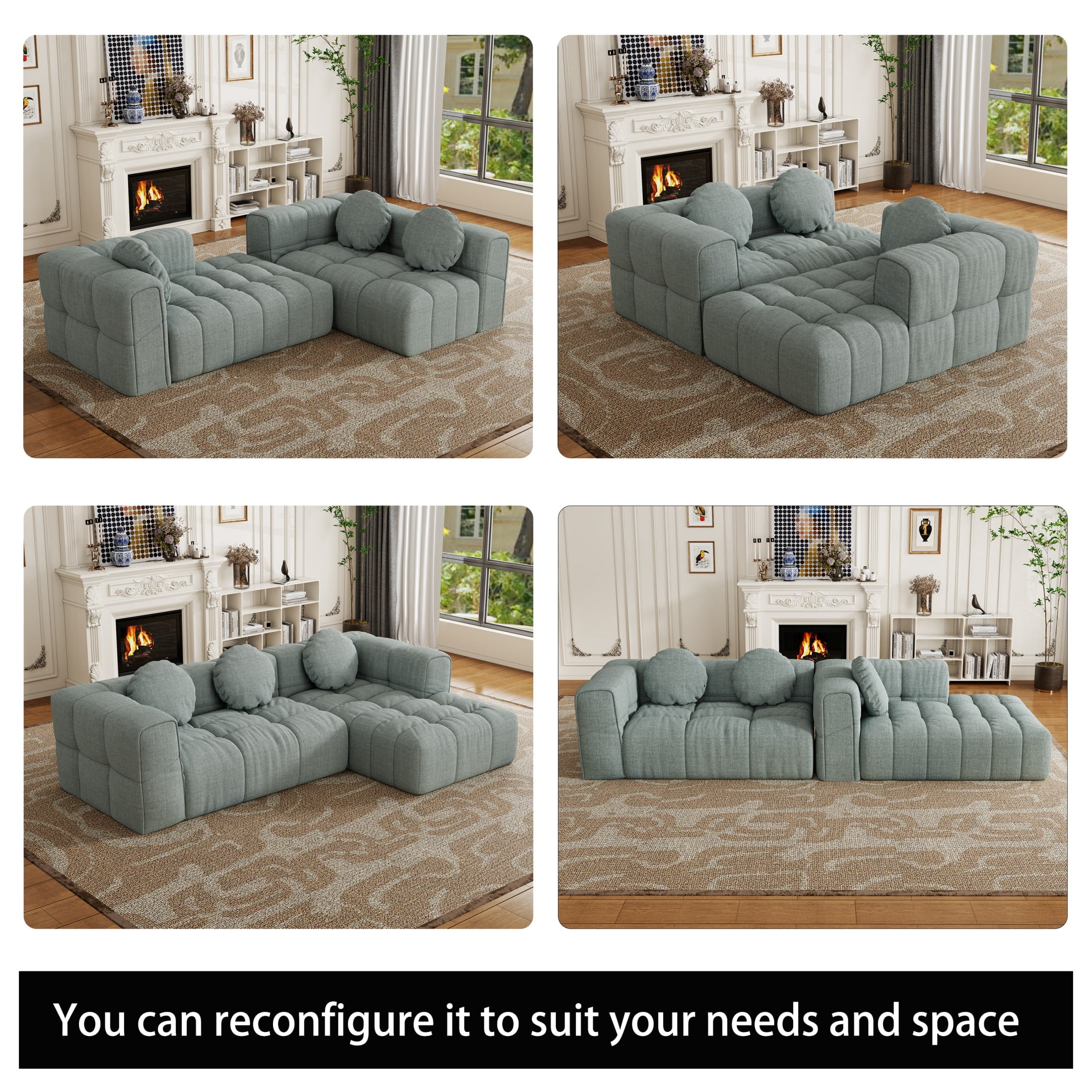 103"Compressed Sofa, Modular Sectional Sofa with Pillows and Right Side Recliner, L Shape Sofa for Living Room, Free Combination, Couch in a Box, No Assembly, Blue Gray