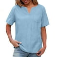 thumbnail image 2 of XUNKUSGA Womens Tops Solid Color Cotton Linenn Going Out Tops Casual Short Sleeve V Neck T-Shirts for Women with Pockets Vintage Vacation Womens Blouses S-2XL Blue, 2 of 8