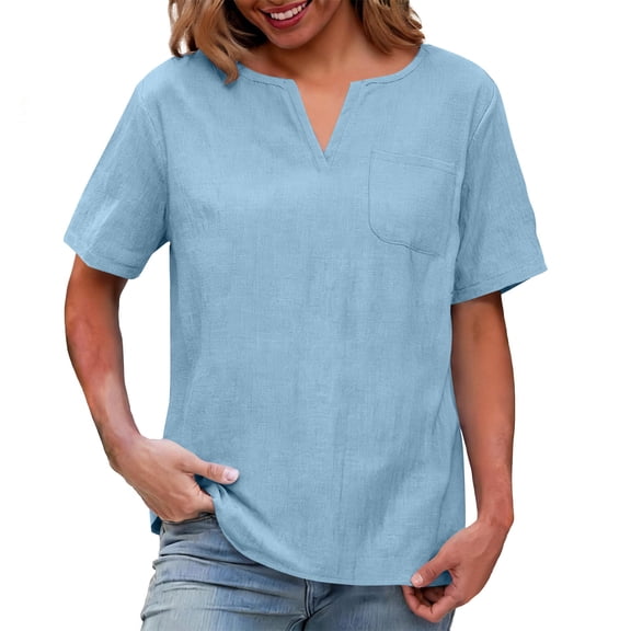 Turilly Womens Solid Color Cotton Linen T-Shirts Short-Sleeved Top with Pockets Blue L