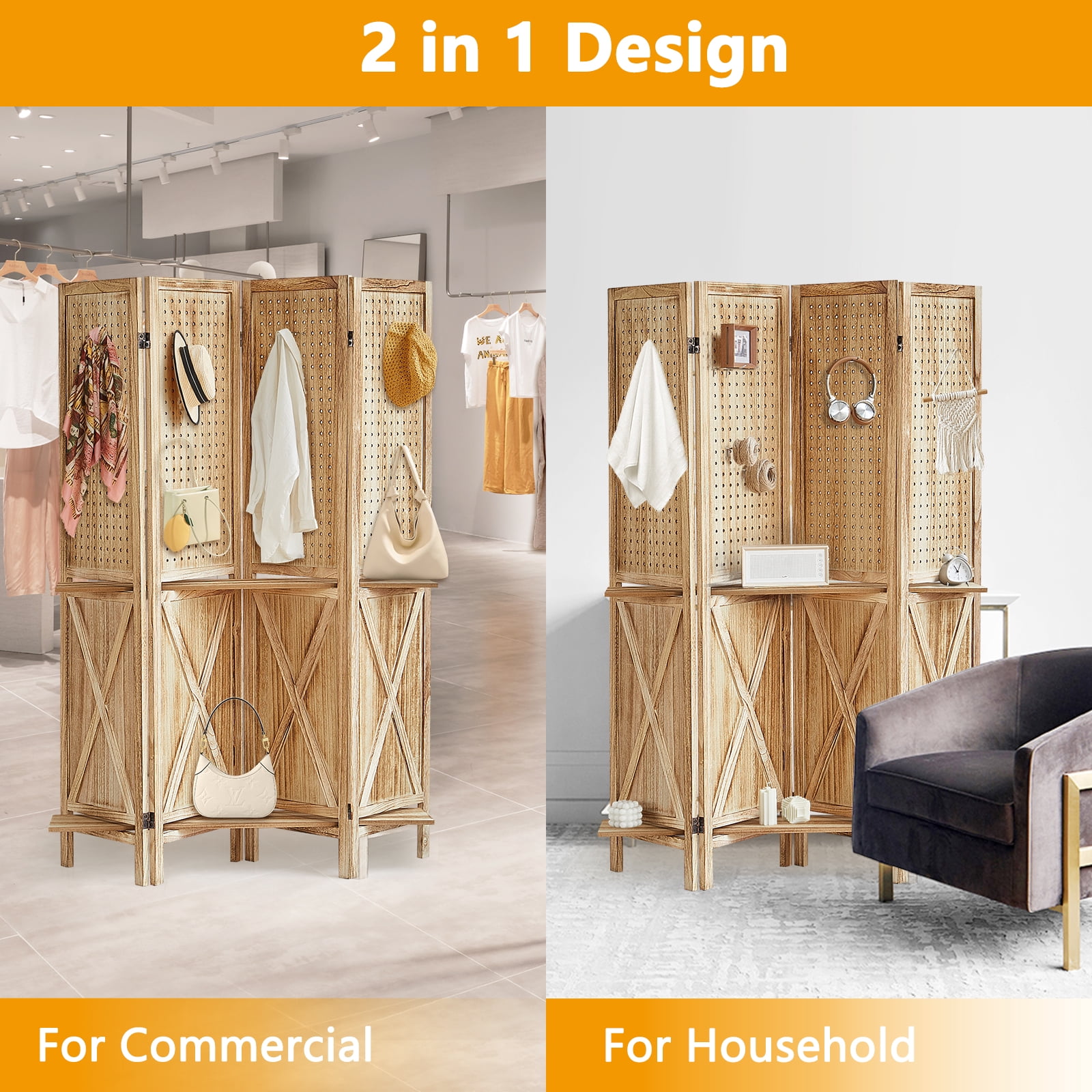 Aletheiawu 4 Panel Pegboard Display with 16 Hooks, Wood Folding Room Divider, No Installation Required, Brown