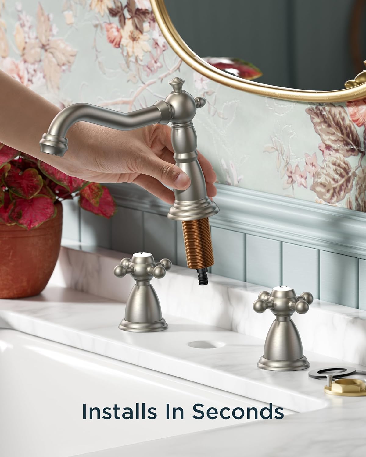 Brushed Nickel 3 Hole Bathroom Sink Faucets 2 Cross Handles, 8 Inch Widespread Antique Brass Viantage Bathroom Faucet for RV Vanity Farmhouse with Metal Pop Up Drain and Supply Lines