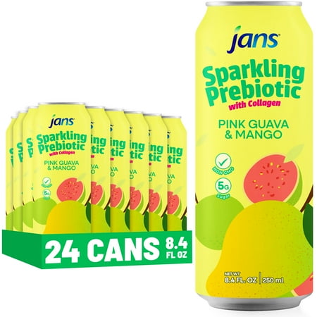 Jans Sparkling Prebiotic Soda Beverage 8.4 oz – Low Calorie No Added Sugar – Non-GMO Sparkling Fruit Beverage – Gut Health Support – Naturally Refreshing (24-Pack Pink Guava & Mango with Collagen) Jans Sparkling Prebiotic Soda Beverage 8.4 oz – Low Calorie No Added Sugar – Non-GMO Sparkling Fruit Beverage – Gut Health Support – Naturally Refreshing (24-Pack Pink Guava & Mango with Collagen)