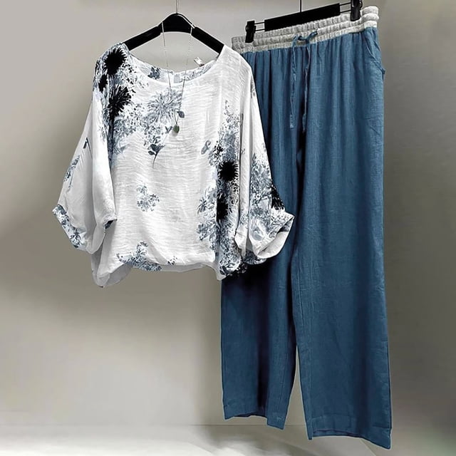 ICHUANYI Clearance Women's Print Crewneck Long Sleeve Pullover Shirt Tops + Pants Trousers Set(Blue, L) ICHUANYI WER2023081005954
