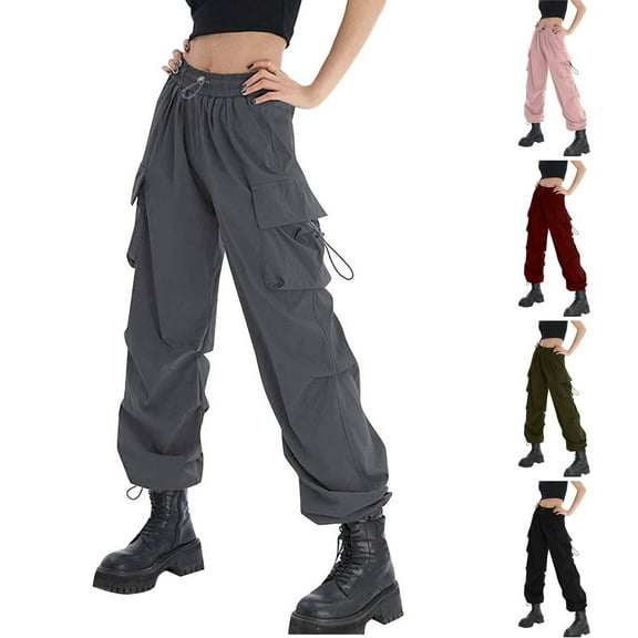 FRSASU Womens Cargo Pants Spring/Summer Stretchy Mid Waisted Denim Wide Leg Trendy Loose Casual Pants with Pocket Wine